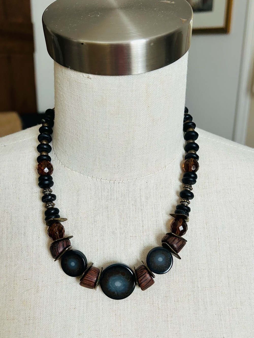 Matte Black and Brown Beaded Boho Necklace - Women Jewelry - Picture 2 of 6